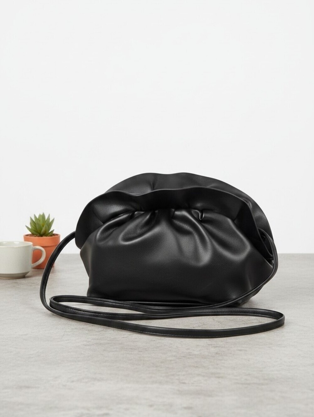 3AM Black Ruched Faux Leather Crossbody Clutch Clam Purse